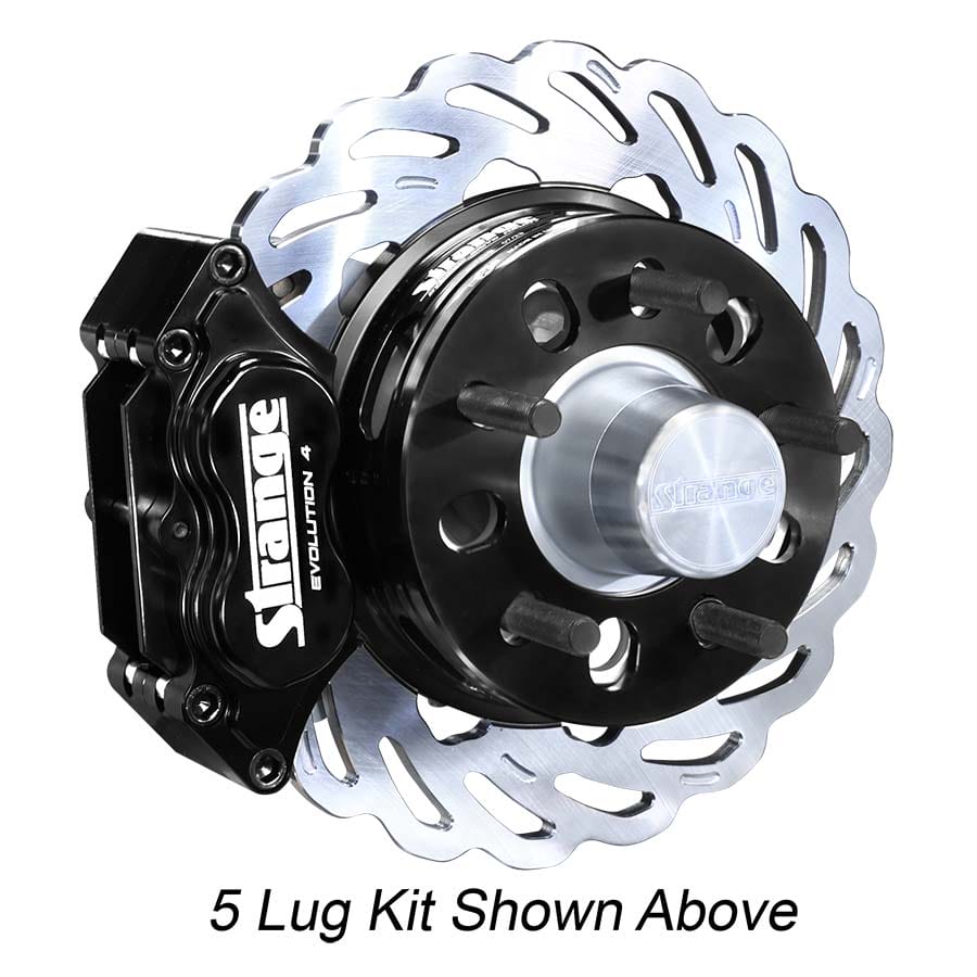 Strange Evolution Dynamic Drive Mount Front Brake Kit | ’87-’93 Mustang & ’87-’88 T/Bird – 4 on 4 1/4″ B.C. | Evolution S Rotors, 4 Piston Billet Evolution 4 Calipers | With DTC-30 Semi Metallic Pads